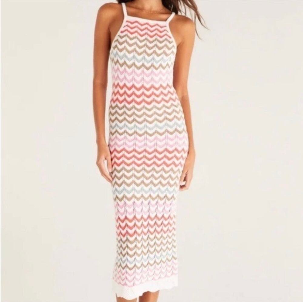 Rachel Zoe Crochet Knit Chevron Maxi Dress Size M Colorful Boho Resort Vacation